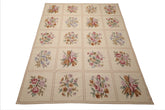 8x10 Ivory, Tan, Green Color Hand Woven French Aubusson Needlepoint  Wool Traditional Oriental Rug